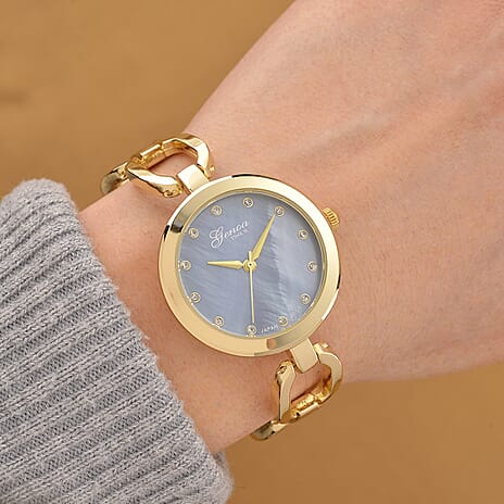 GENOA TIME V2 Miyota 2035 Japan Movt. 3ATM Water Resistant White Crystal & Grey MOP Dial Ladies Watch with Gold Colour Alloy Chain Strap and Gold-Tone Case