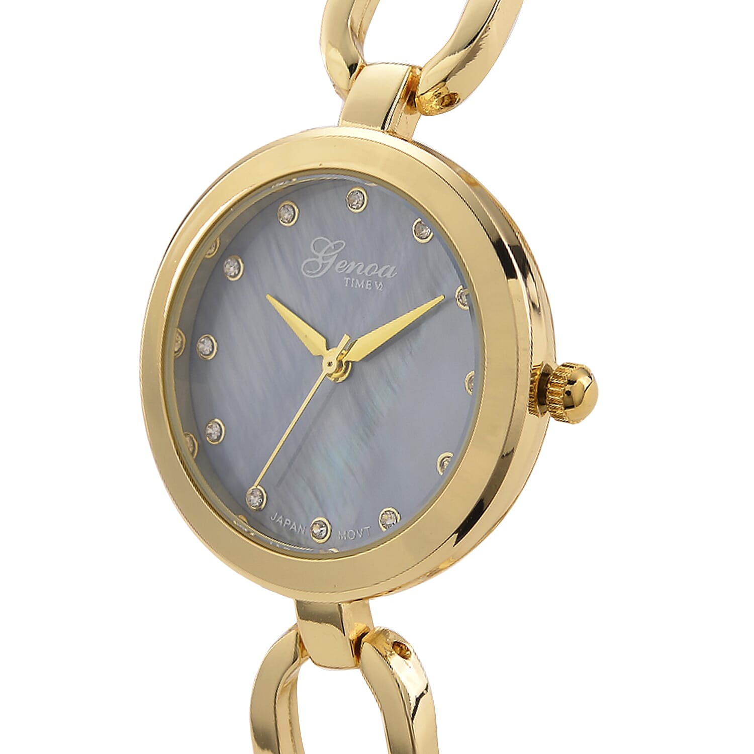 GENOA TIME V2 Miyota 2035 Japan Movt. 3ATM Water Resistant White Crystal & Grey MOP Dial Ladies Watch with Gold Colour Alloy Chain Strap and Gold-Tone Case