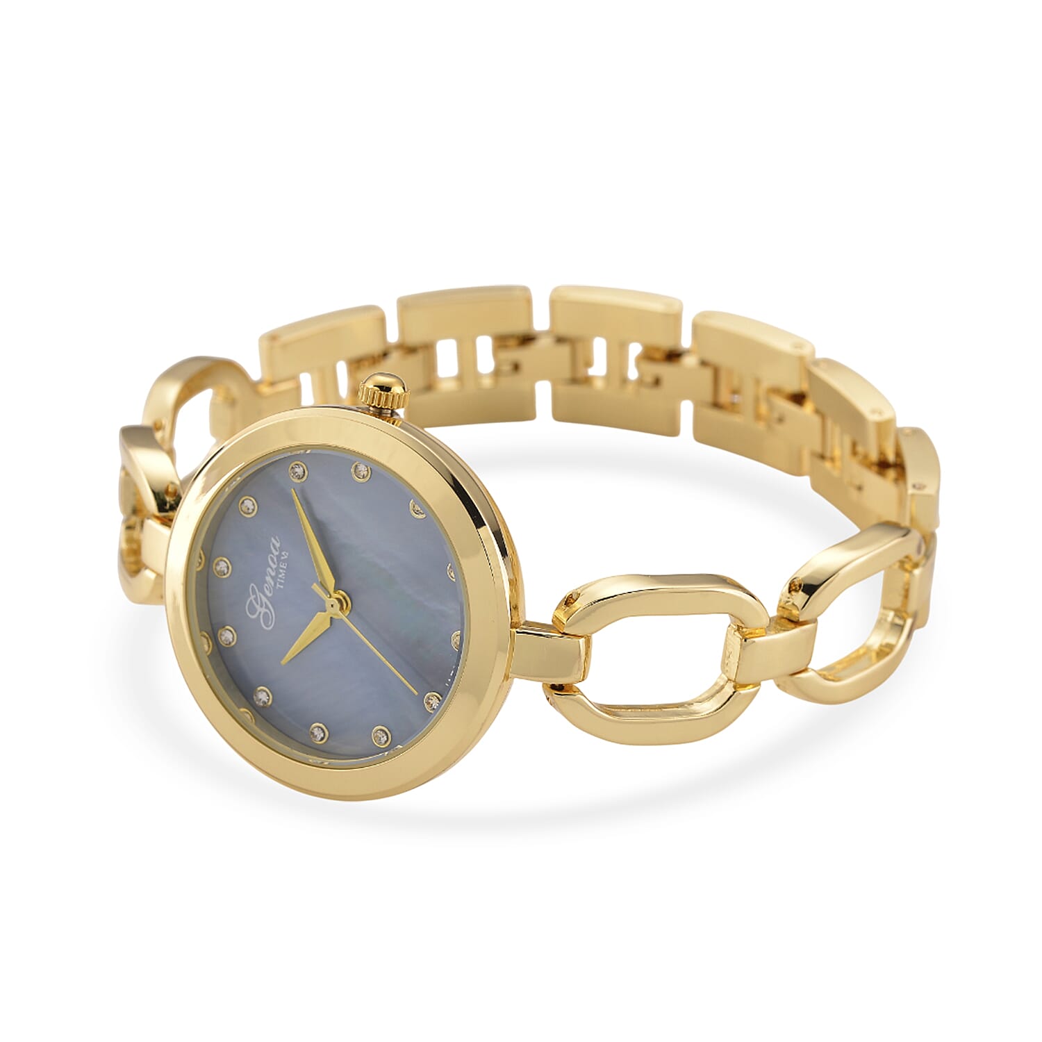 GENOA TIME V2 Miyota 2035 Japan Movt. 3ATM Water Resistant White Crystal & Grey MOP Dial Ladies Watch with Gold Colour Alloy Chain Strap and Gold-Tone Case