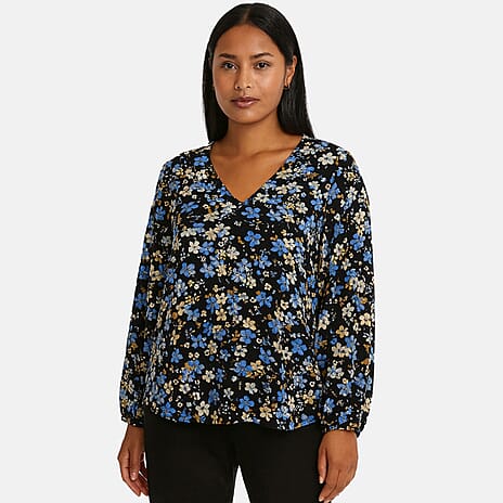- Maisi V-Neck Floral Print Ballon Sleeve Top (Size XL) - Blue