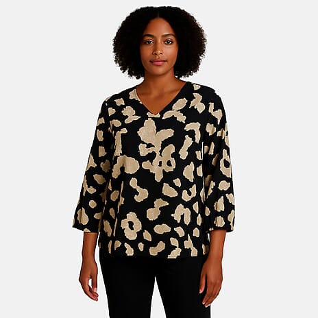 - Maisi V-Neck Abstract Print Ballon Sleeve Top (Size M) - Black - White