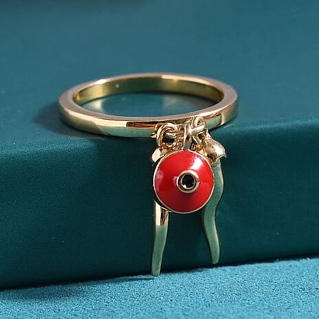 GP Chilli Pepper Collection - Blue Sapphire Enamelled Charm Ring in 18K Vermeil Yellow Gold Plated Sterling Silver