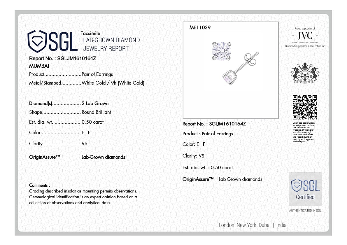 Luxuriant Diamond 9K White Gold SGL Certified Lab Grown Diamond (VS-EF) Stud Earrings 0.50 Ct