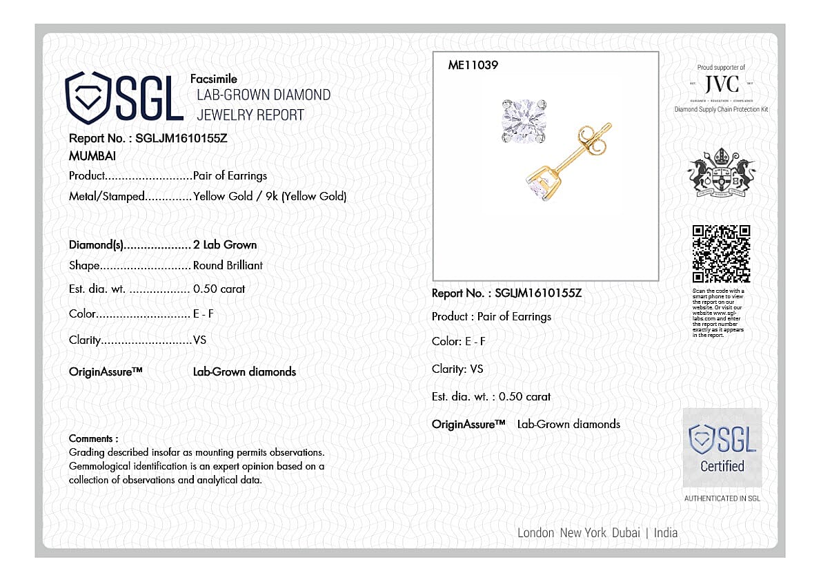 Luxuriant Diamond 9K Yellow Gold SGL Certified (VS-EF) Lab Grown Diamond Stud Earring 0.50 Ct.