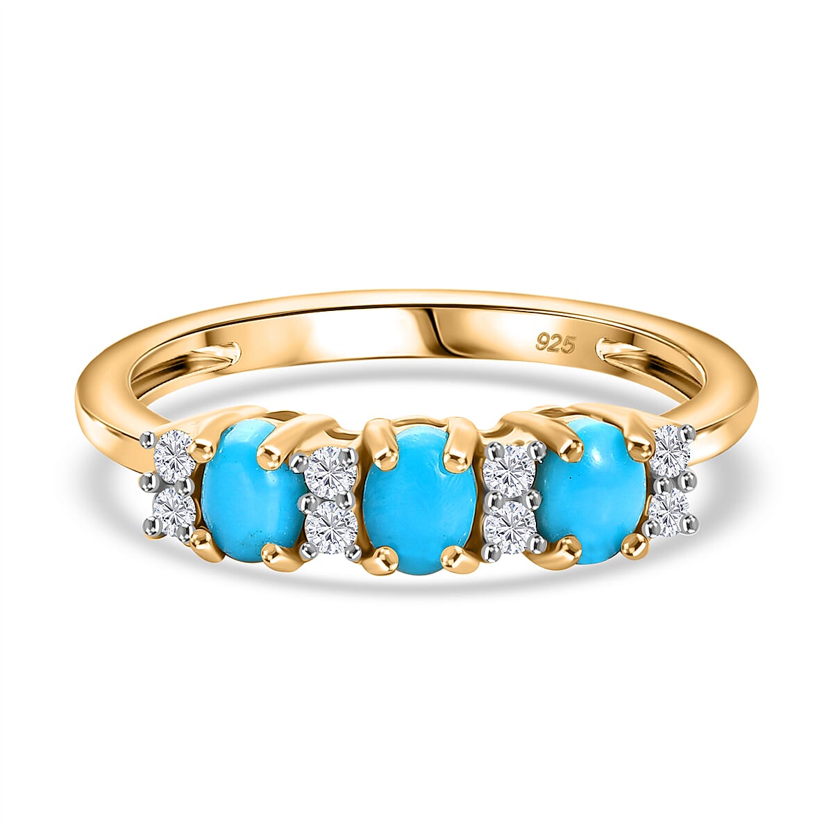 Sleeping Beauty Turquoise & White Zircon 3 Stone Ring in 14K Gold Overlay Sterling Silver