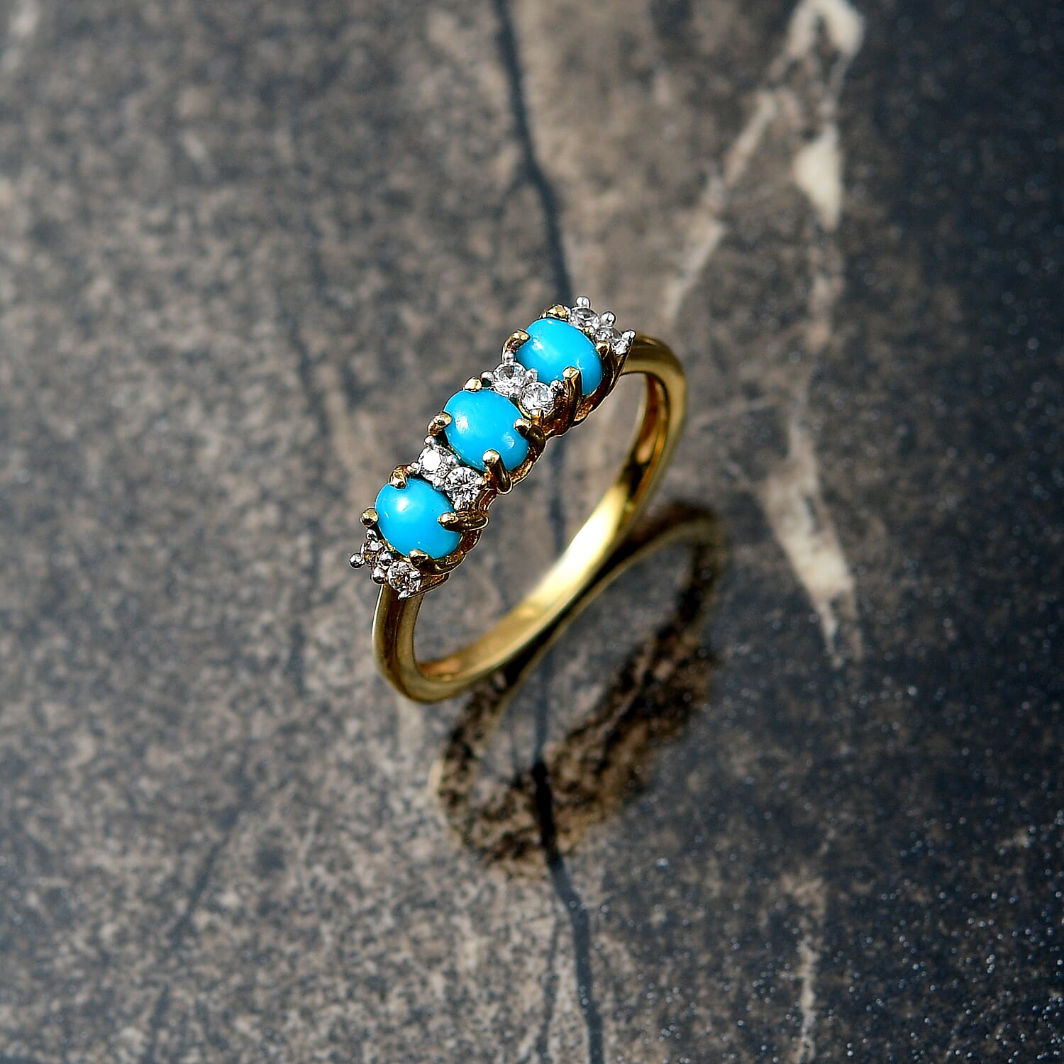 Sleeping Beauty Turquoise & White Zircon 3 Stone Ring in 14K Gold Overlay Sterling Silver