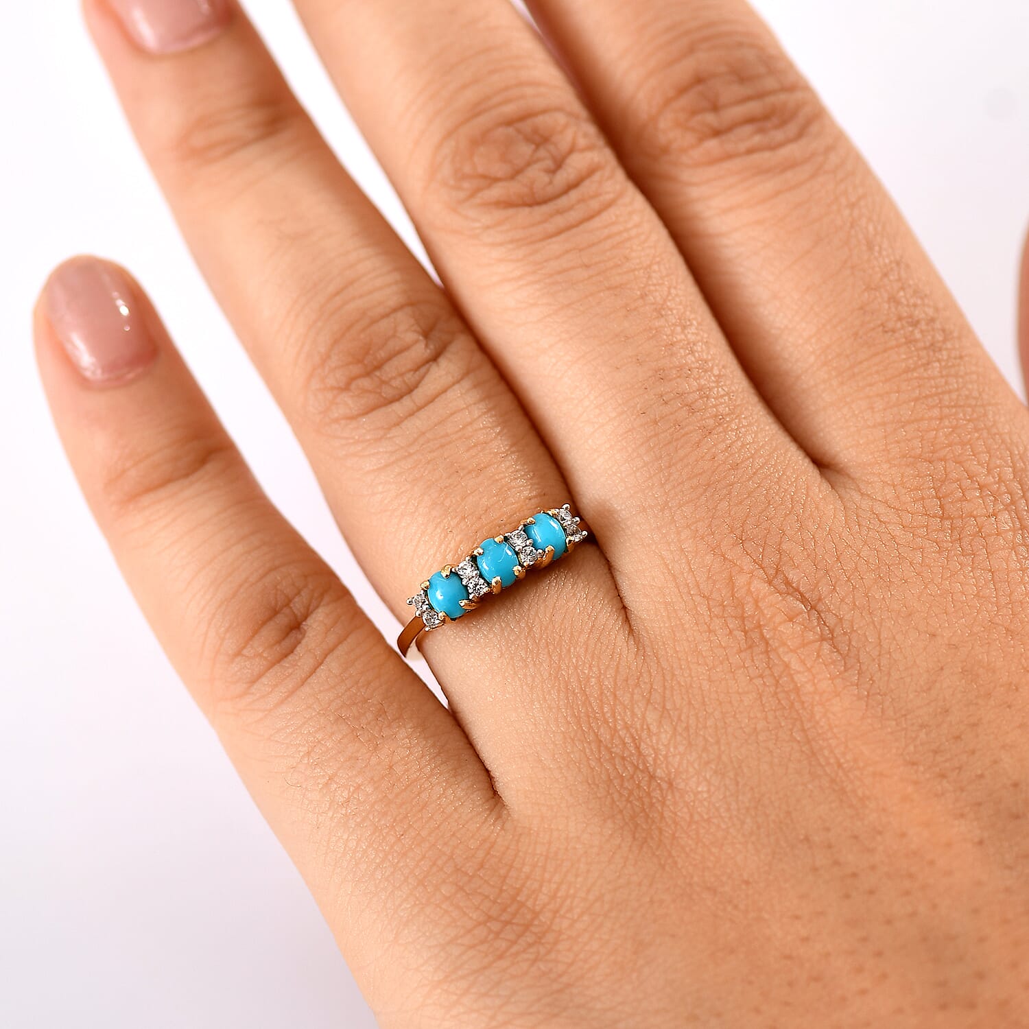 Sleeping Beauty Turquoise & White Zircon 3 Stone Ring in 14K Gold Overlay Sterling Silver