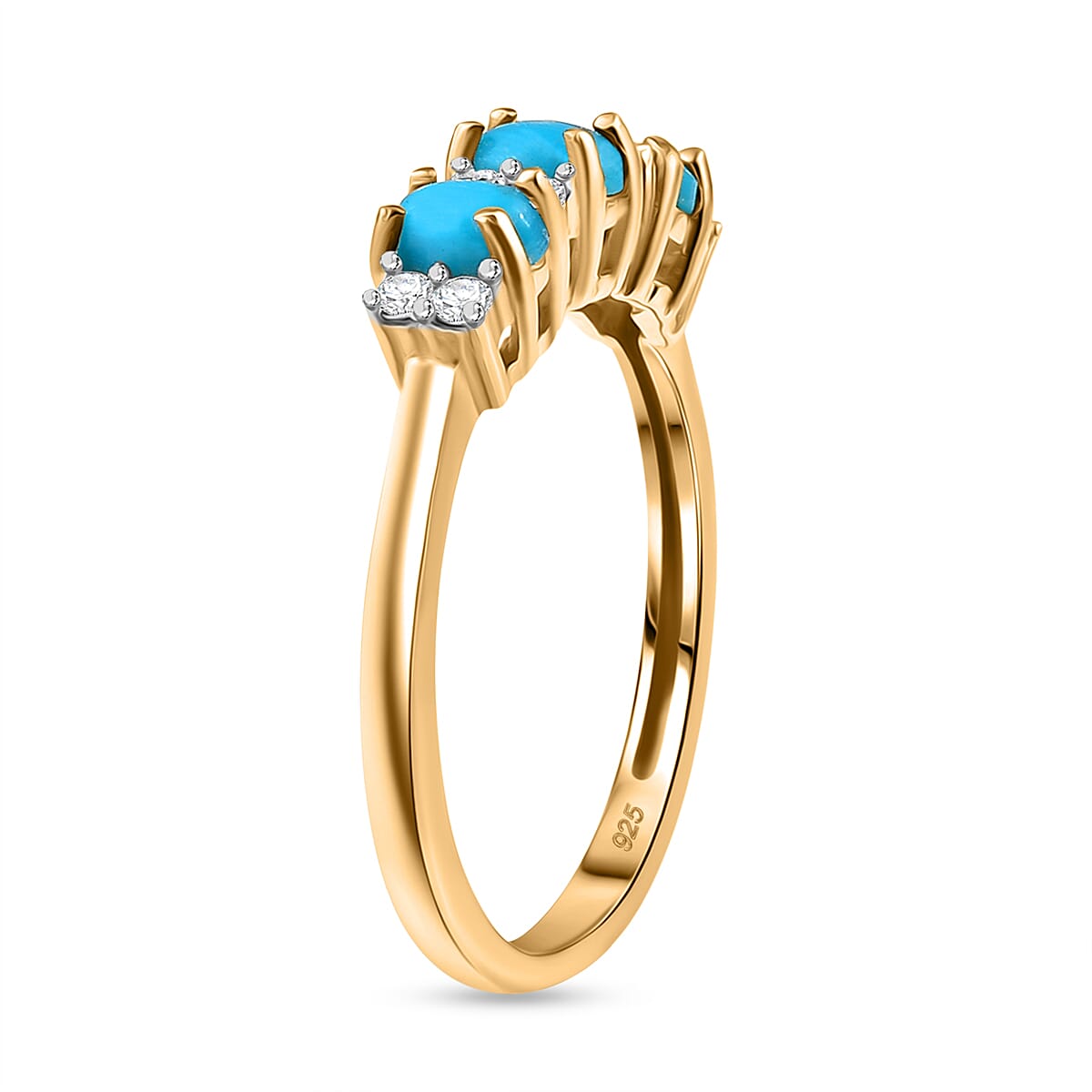 Sleeping Beauty Turquoise & White Zircon 3 Stone Ring in 14K Gold Overlay Sterling Silver