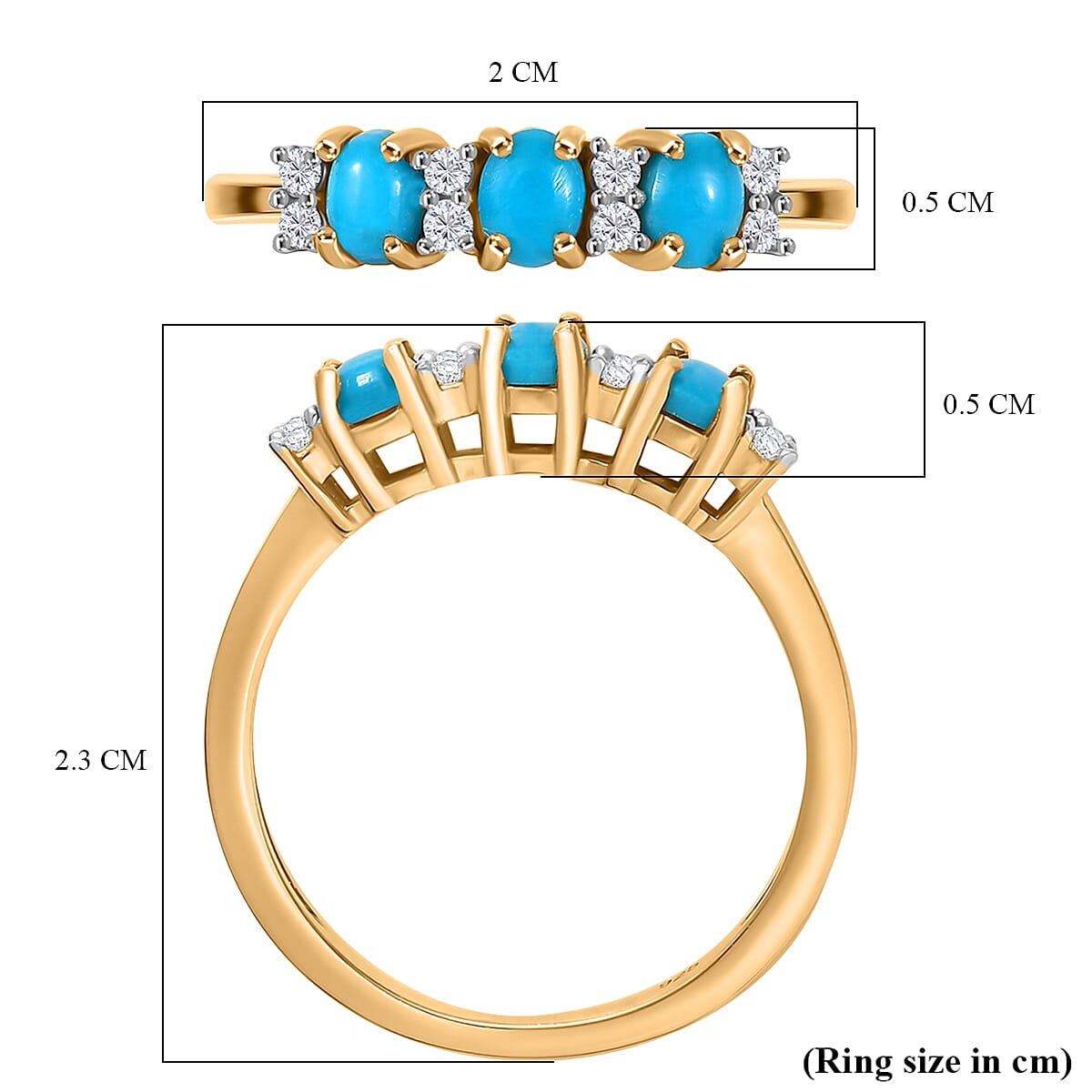 Sleeping Beauty Turquoise & White Zircon 3 Stone Ring in 14K Gold Overlay Sterling Silver