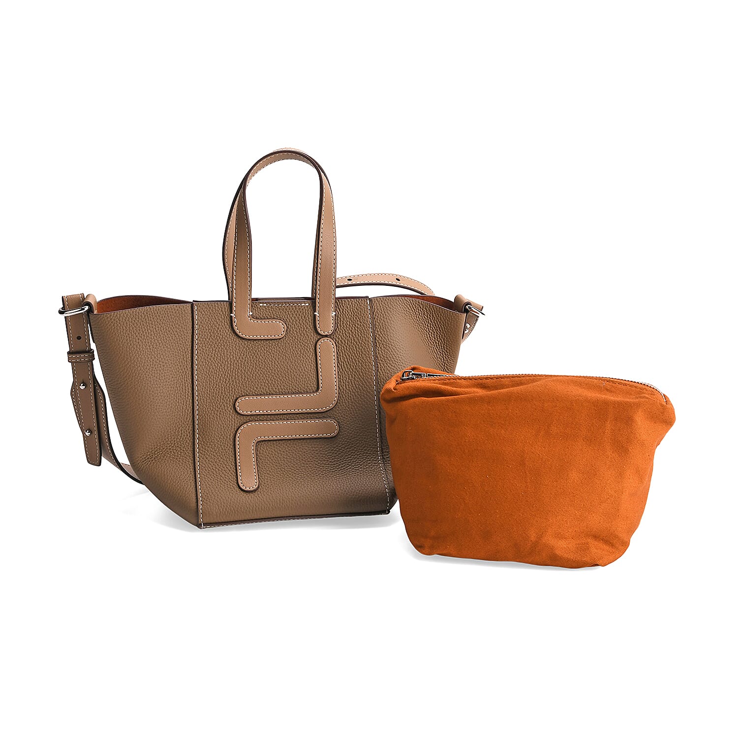 Set of 2 Genuine Leather Bucket Bag & Pouch - Brown