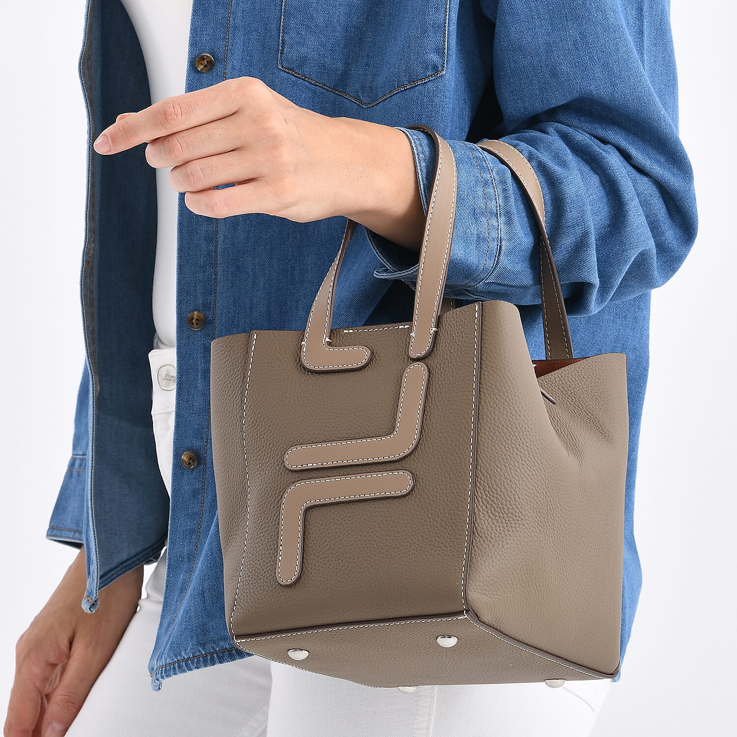 Set of 2 Genuine Leather Bucket Bag & Pouch - Brown