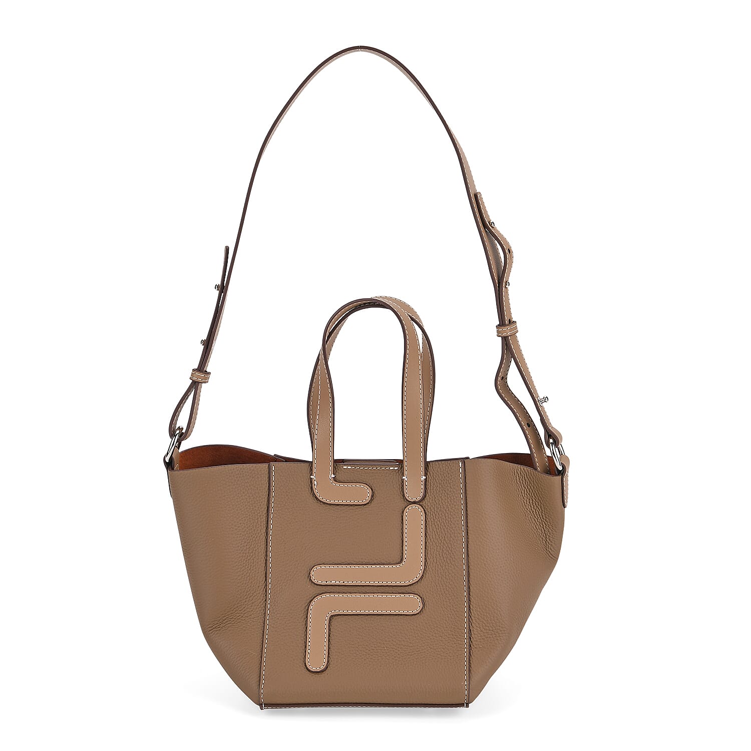 Set of 2 Genuine Leather Bucket Bag & Pouch - Brown