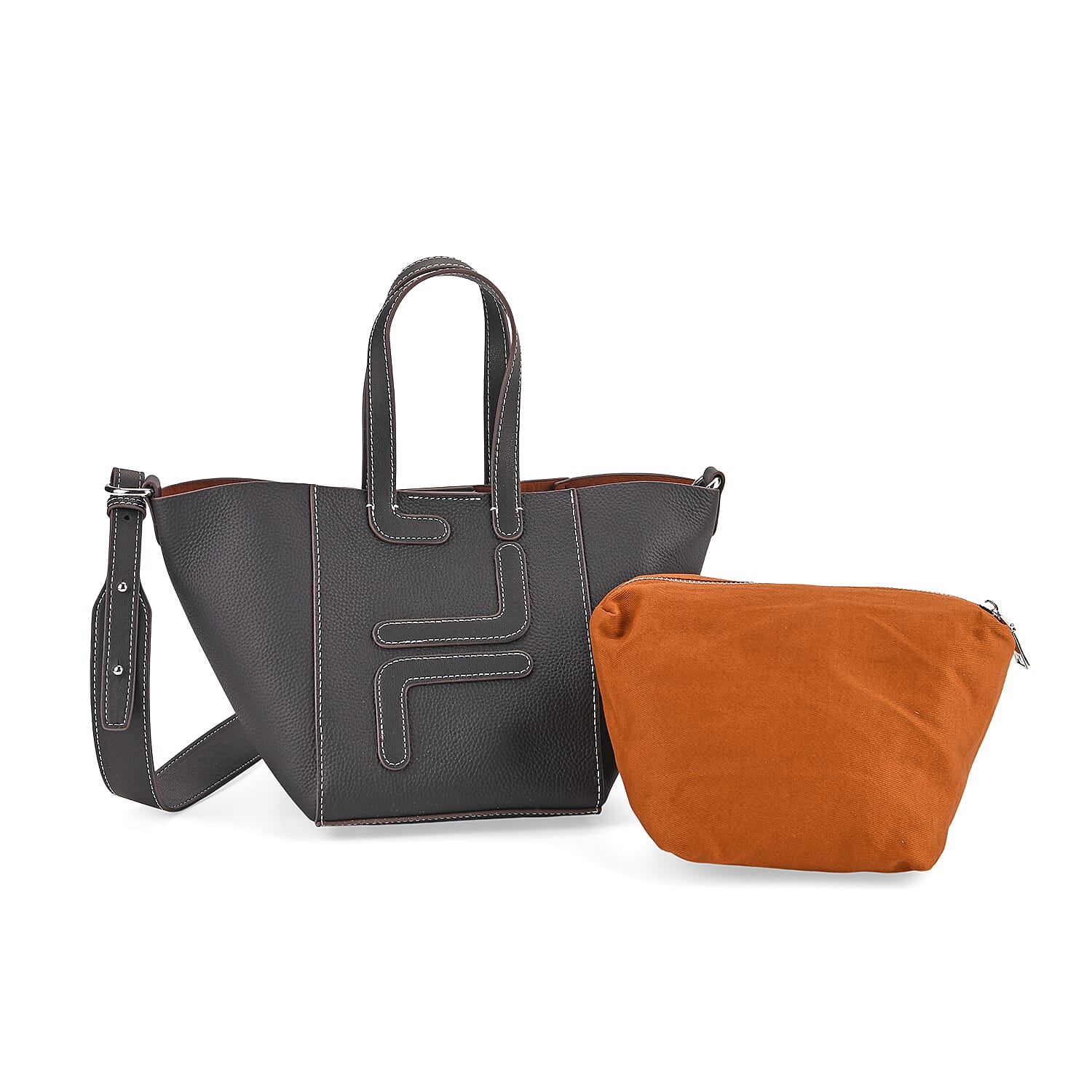 Set of 2 Genuine Leather Bucket Bag & Pouch - Black