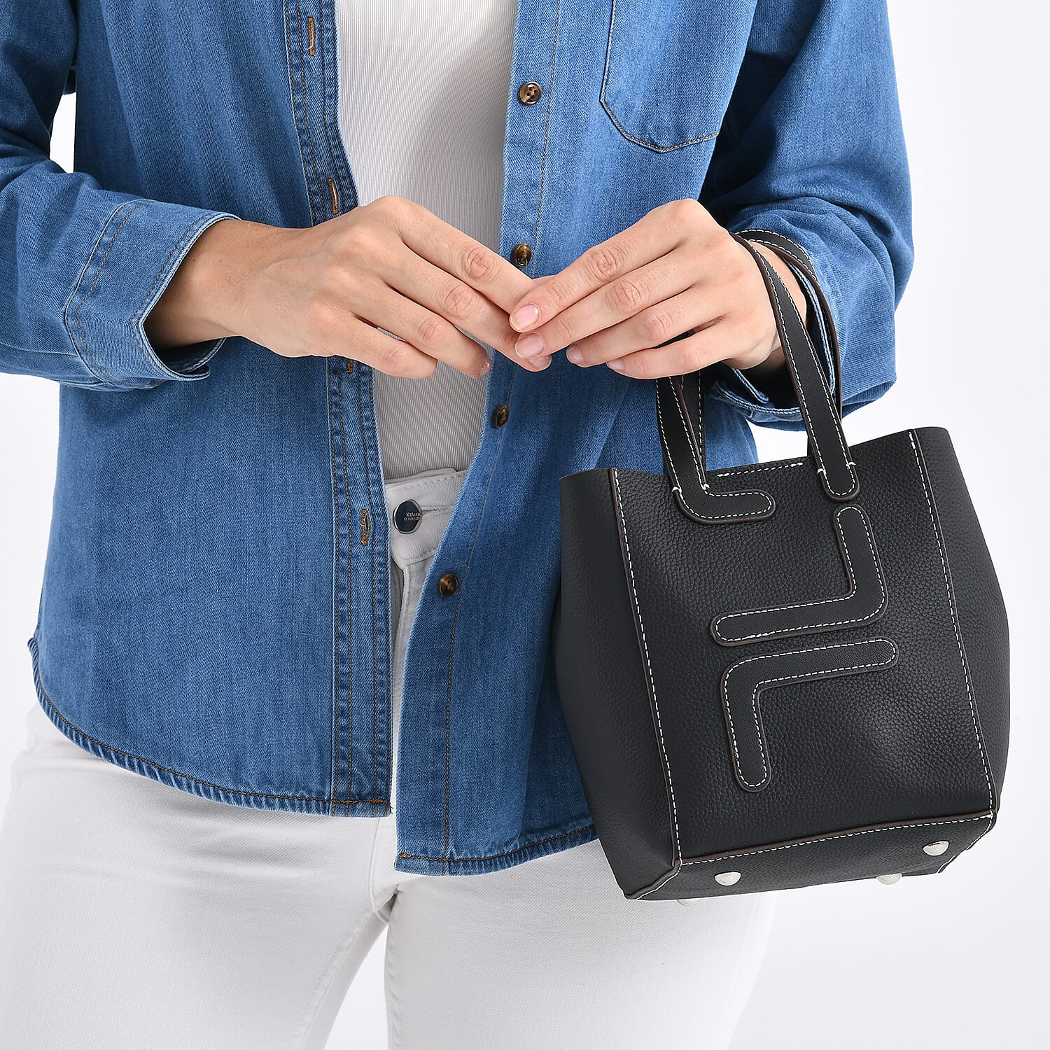 Set of 2 Genuine Leather Bucket Bag & Pouch - Black