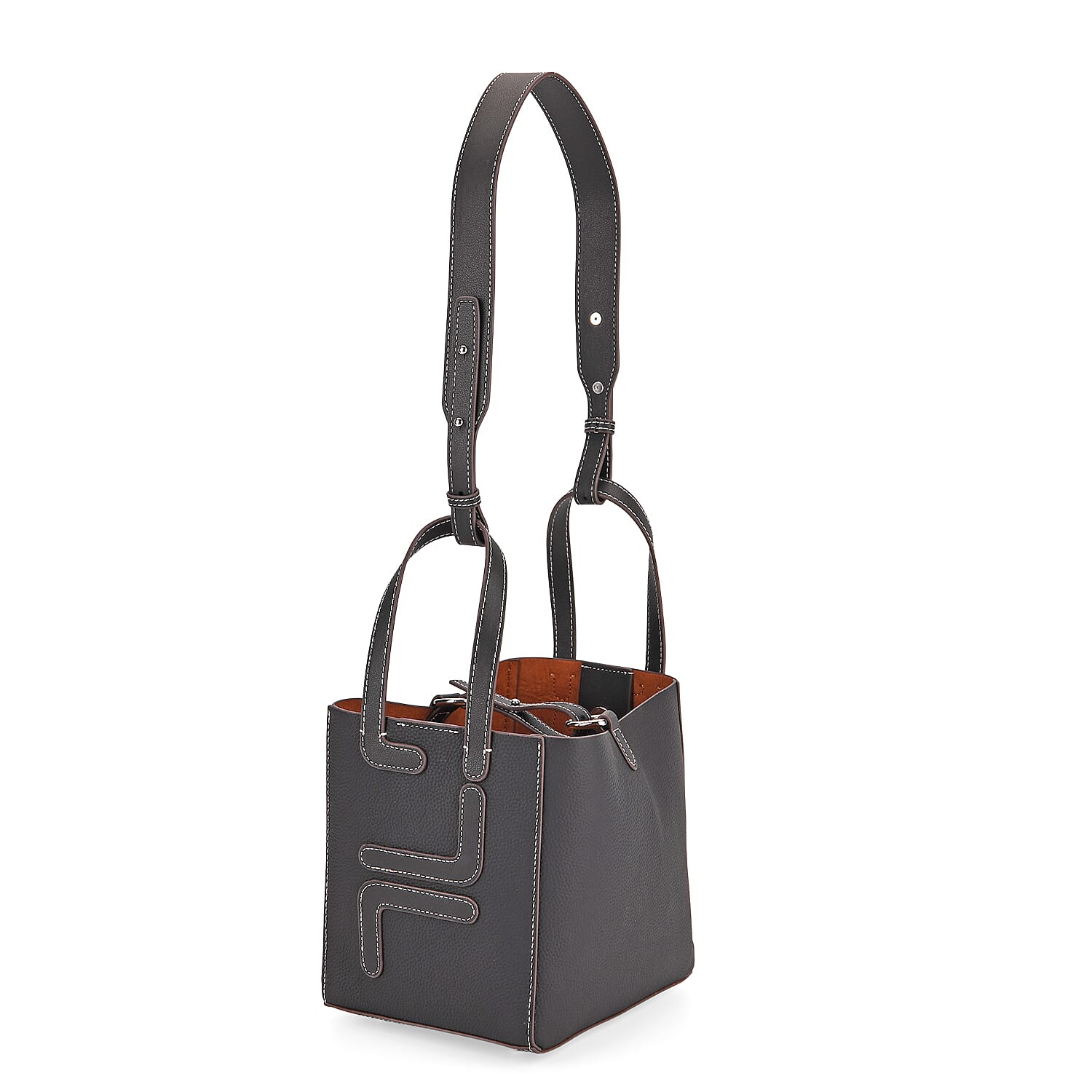 Set of 2 Genuine Leather Bucket Bag & Pouch - Black