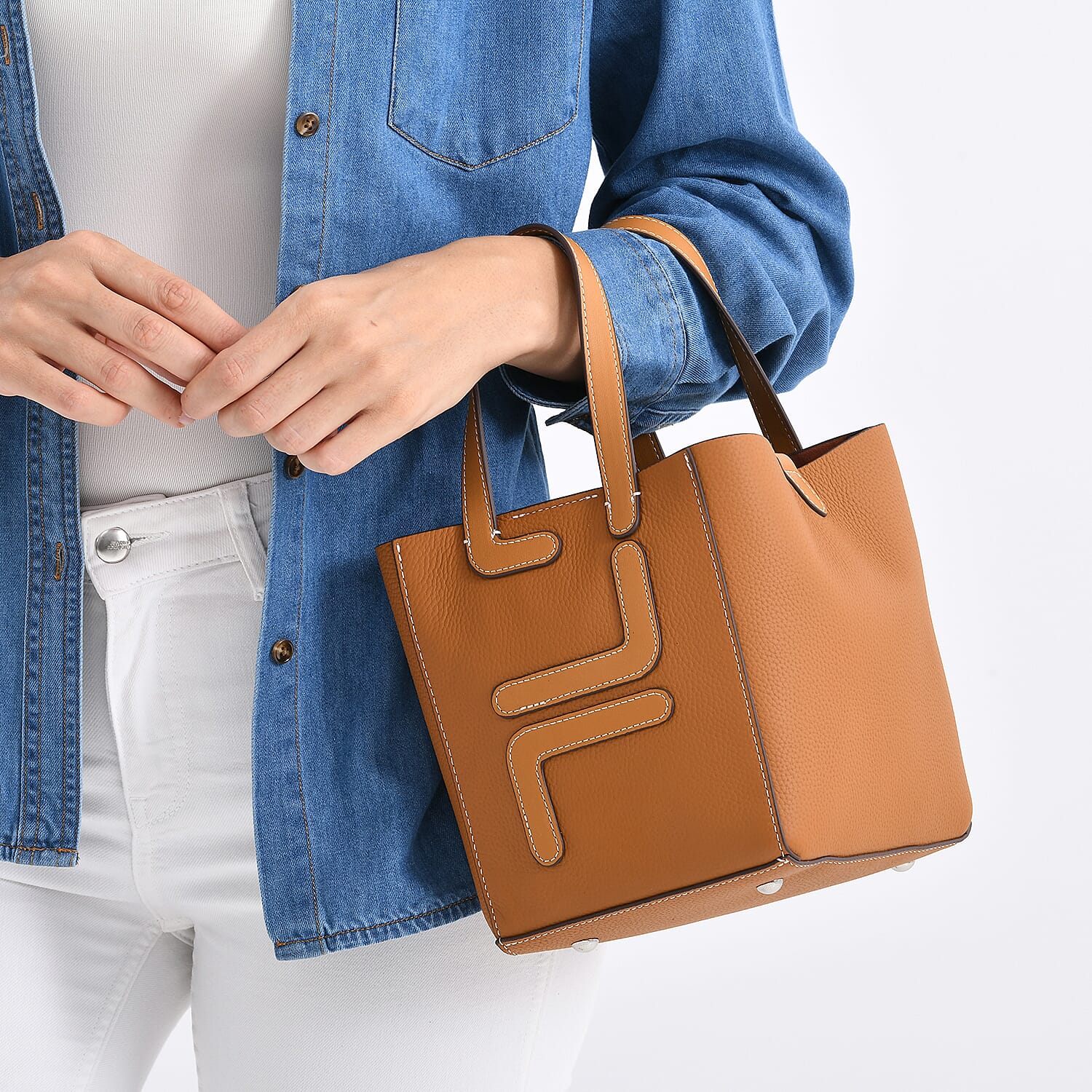 Set of 2 Genuine Leather Bucket Bag & Pouch - Tan