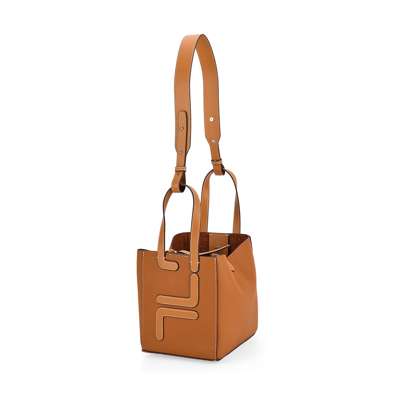 Set of 2 Genuine Leather Bucket Bag & Pouch - Tan