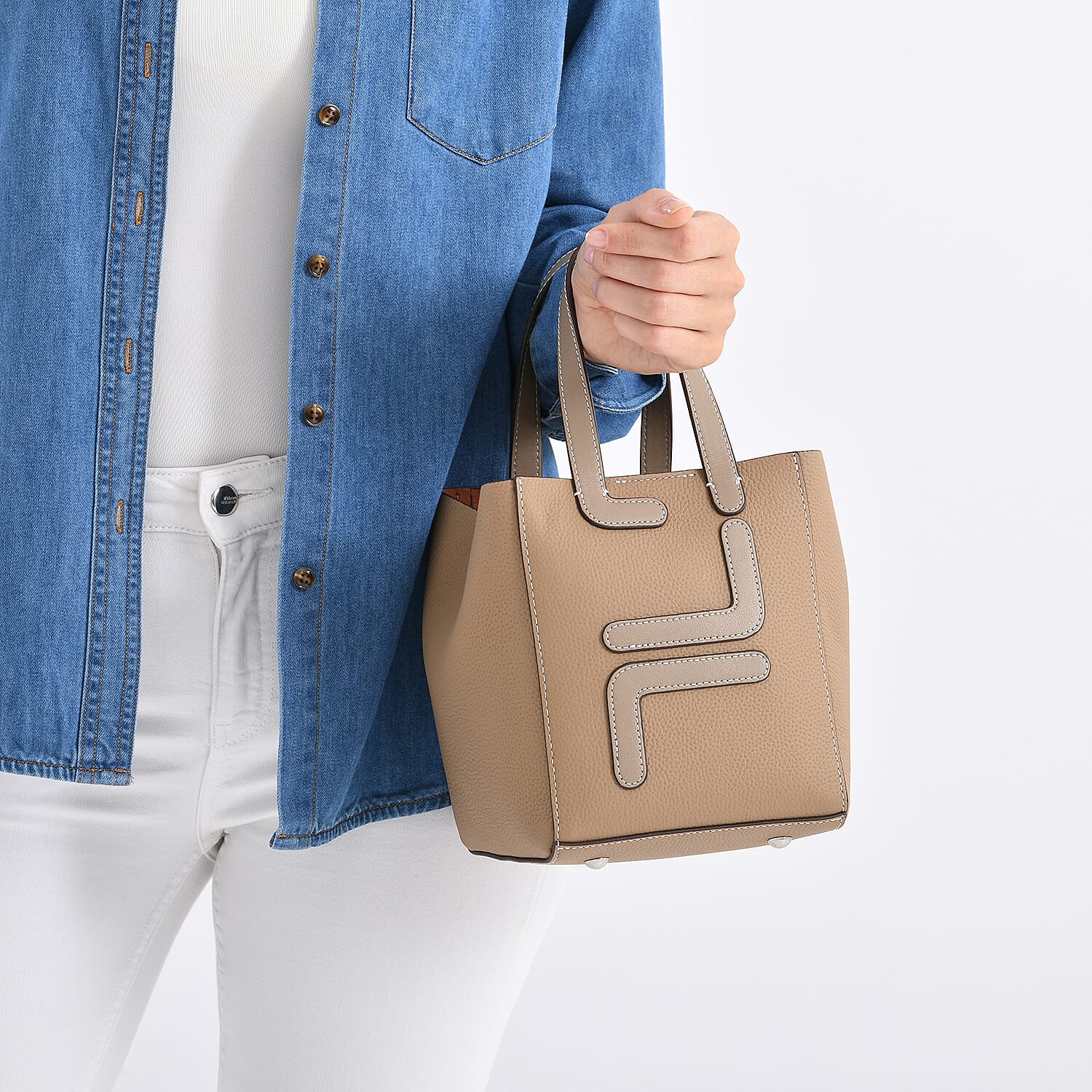 Set of 2 Genuine Leather Bucket Bag & Pouch - Khaki