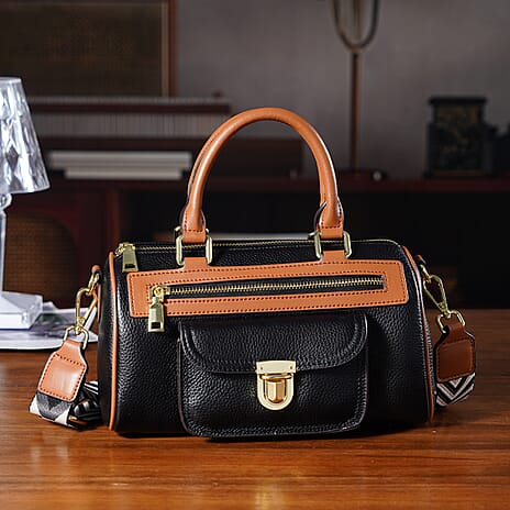 Genuine Leather Bandouliere Crossbody Bag - Black