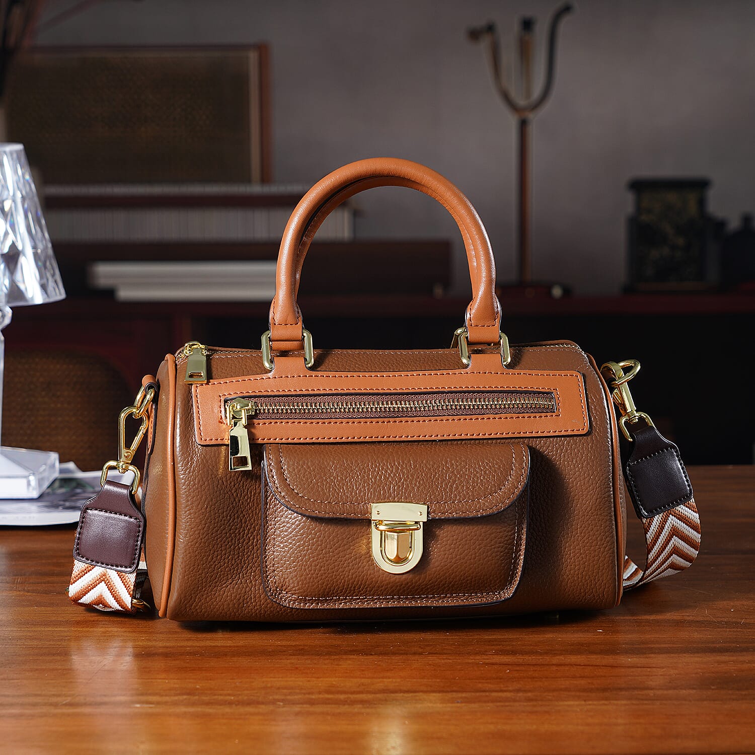 Genuine Leather Bandouliere Crossbody Bag - Brown