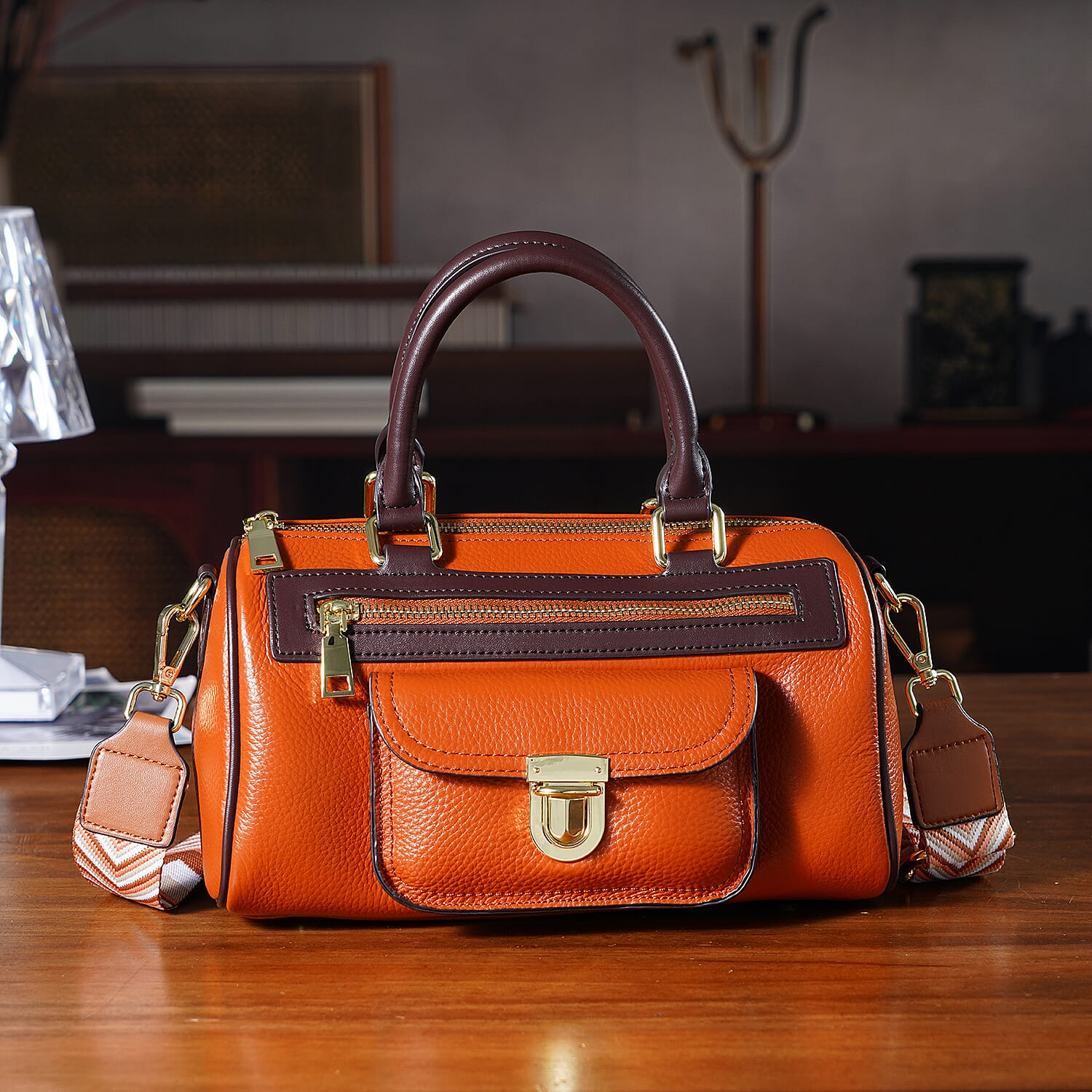 Genuine Leather Bandouliere Crossbody Bag - Tan