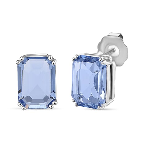 Austrian Blue Crystal Stud Push Back Earrings in Silver Tone