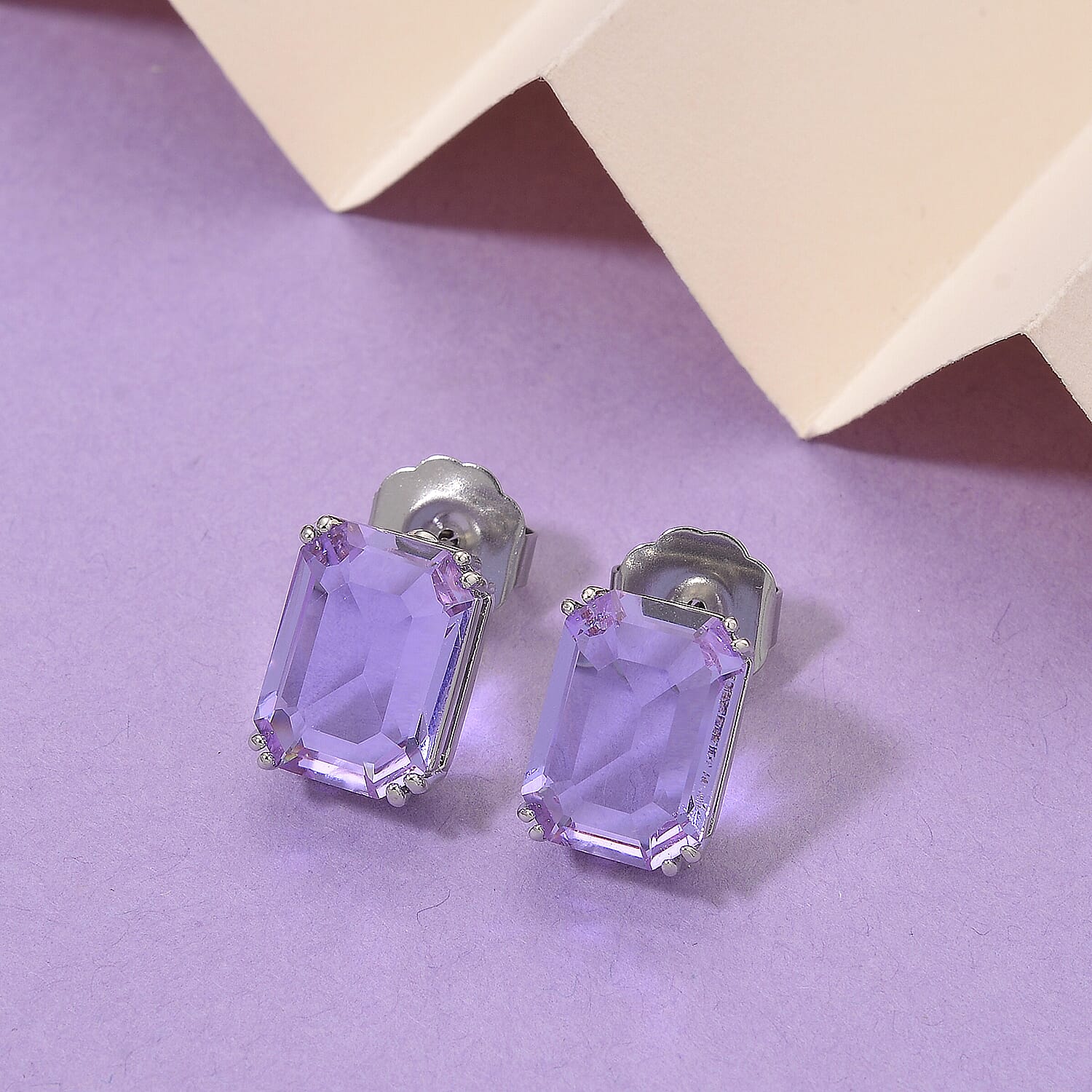 Austrian Purple Crystal Stud Push Back Earrings in Silver Tone