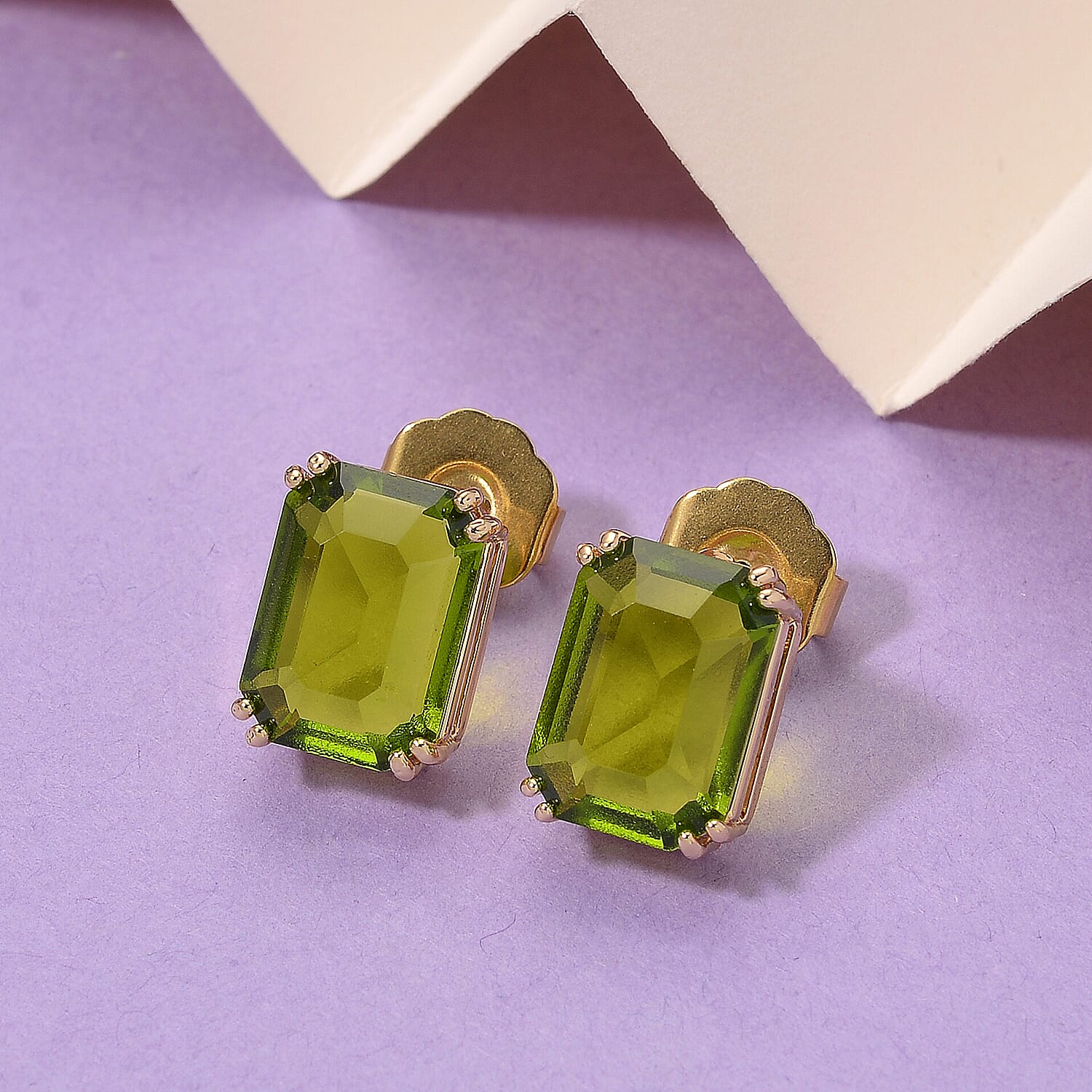 Austrian Green Crystal Earring with Push Back in Yellow Gold Tone