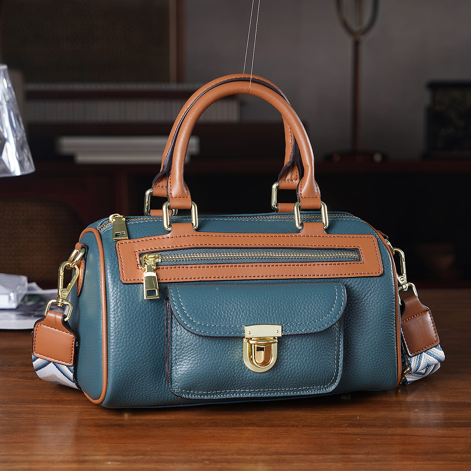 Genuine Leather Bandouliere Crossbody Bag - Dark Teal