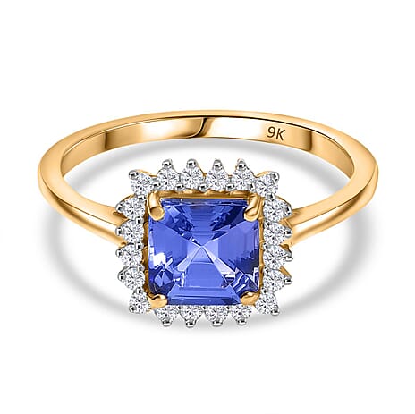 Super Find - 9K Yellow Gold Asscher Cut Premium Tanzanite and Lab Grown Diamond SI-GH Ring 1.45 Ct