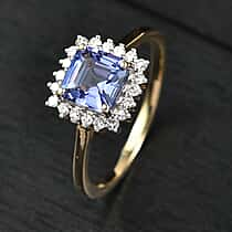9K Yellow Gold Asscher Cut Premium Tanzanite, Lab Grown Diamond Halo Ring 1.42 Ct. (SI-GH)