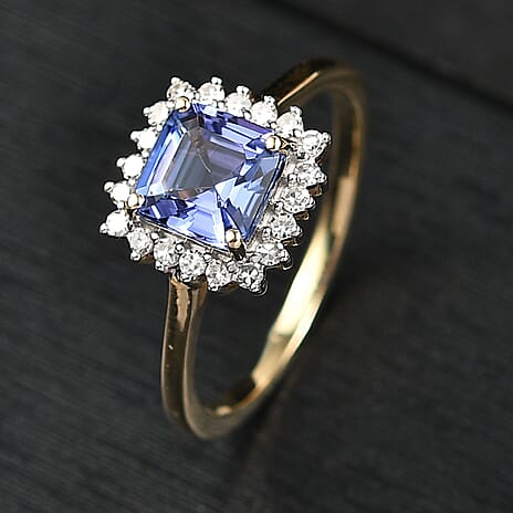 Super Find - 9K Yellow Gold Asscher Cut Premium Tanzanite and Lab Grown Diamond SI-GH Ring 1.45 Ct