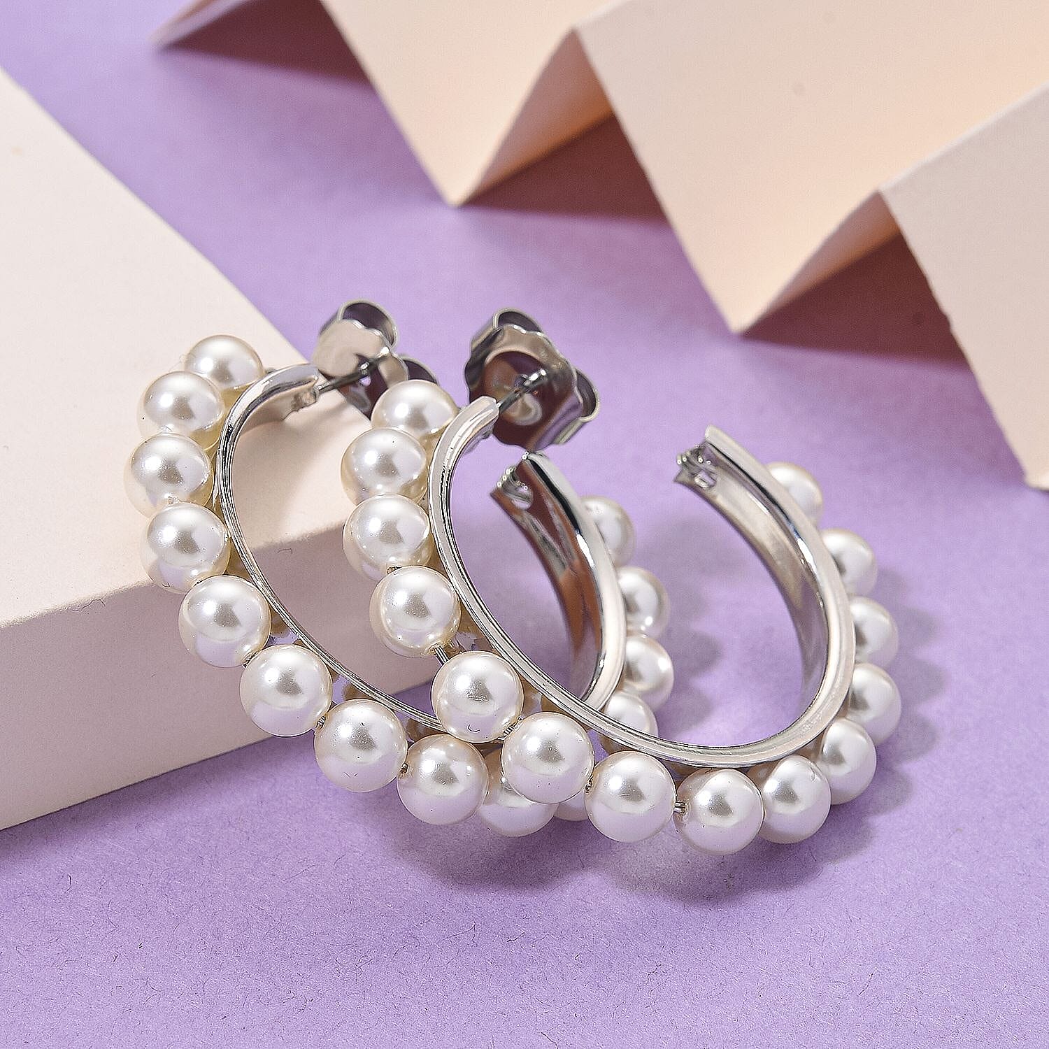 White Shell Pearl Earrings with Push Backs in Silver Plated 20.00 Ct.