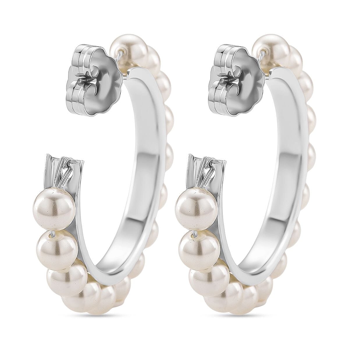 White Shell Pearl Earrings with Push Backs in Silver Plated 20.00 Ct.