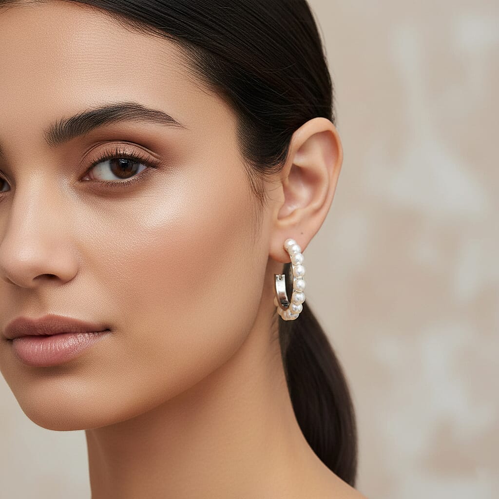 White Shell Pearl Earrings with Push Backs in Silver Plated 20.00 Ct.