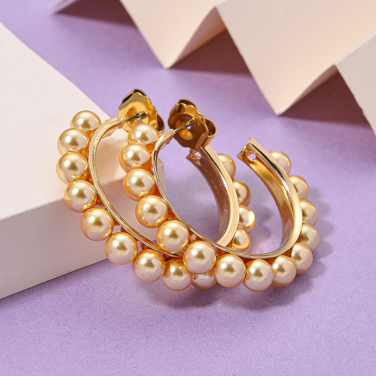 Golden Colour Shell Pearl Earrings with Push Backs in Yellow Gold Plated 20.00 Ct.