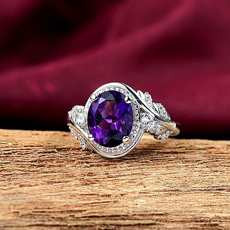Natural Moroccan Amethyst & White Zircon Leafy Grace Ring in Rhodium Overlay Sterling Silver 2.83 Ct.
