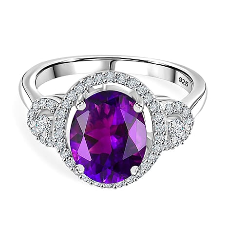 Natural Moroccan Amethyst & White Zircon Classic Garden Glow Ring in Rhodium Overlay Sterling Silver 3.00 Ct.