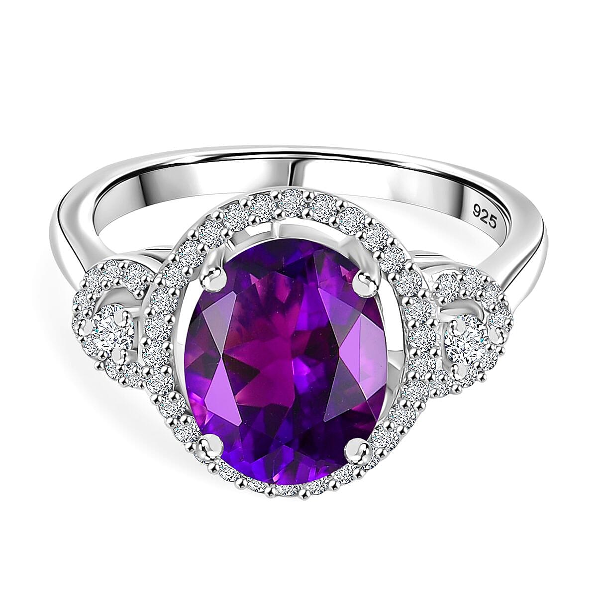 Natural Moroccan Amethyst & White Zircon Classic Garden Glow Ring in Rhodium Overlay Sterling Silver 3.00 Ct.