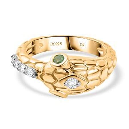 GP Serpentine Collection - White Sapphire, Zambian Emerald Snake Ring in 18K Vermeil Yellow Gold Plated Sterling Silver GP Serpentine Collection - White Sapphire, Zambian Emerald Snake Ring in 18K Vermeil Yellow Gold Plated Sterling Silver