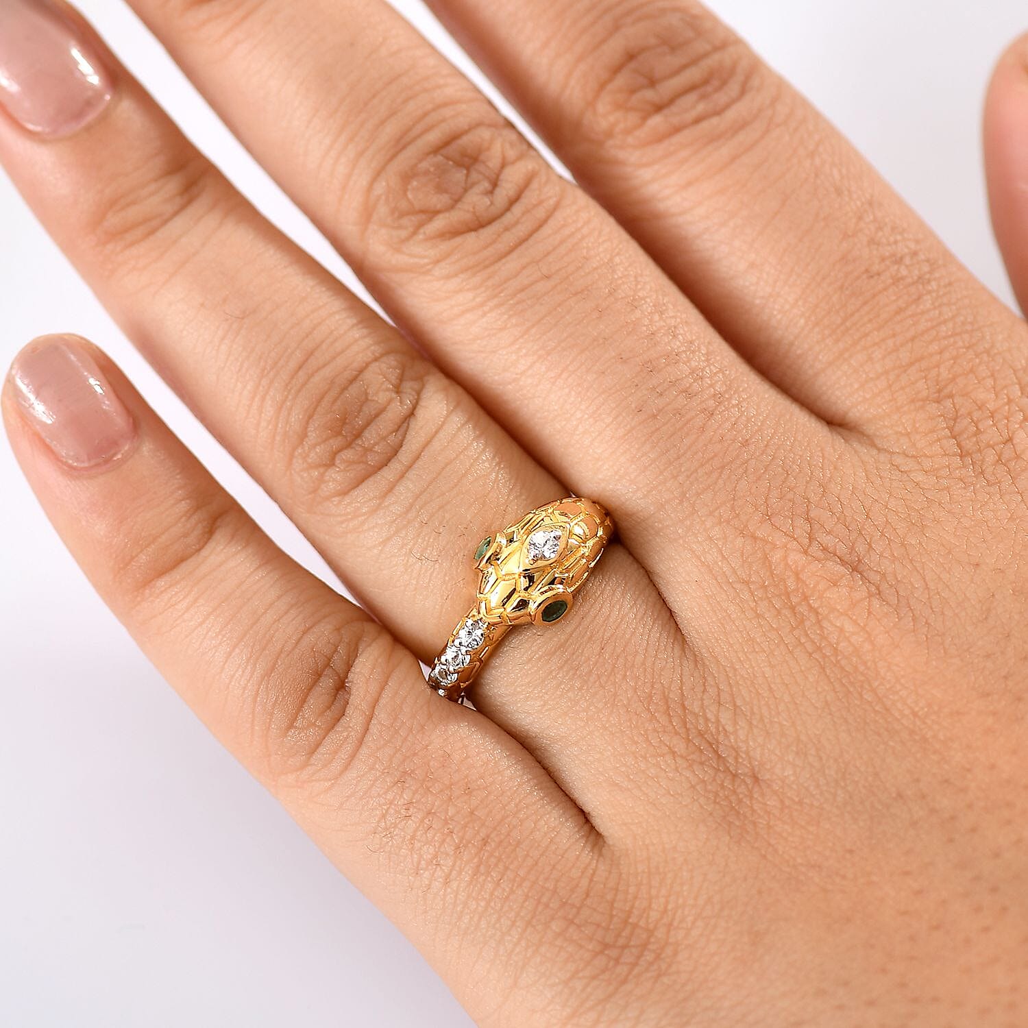 GP Serpentine Collection - White Sapphire, Blue Sapphire & Zambian Emerald Ring in 18K Vermeil Yellow Gold Plated Sterling Silver