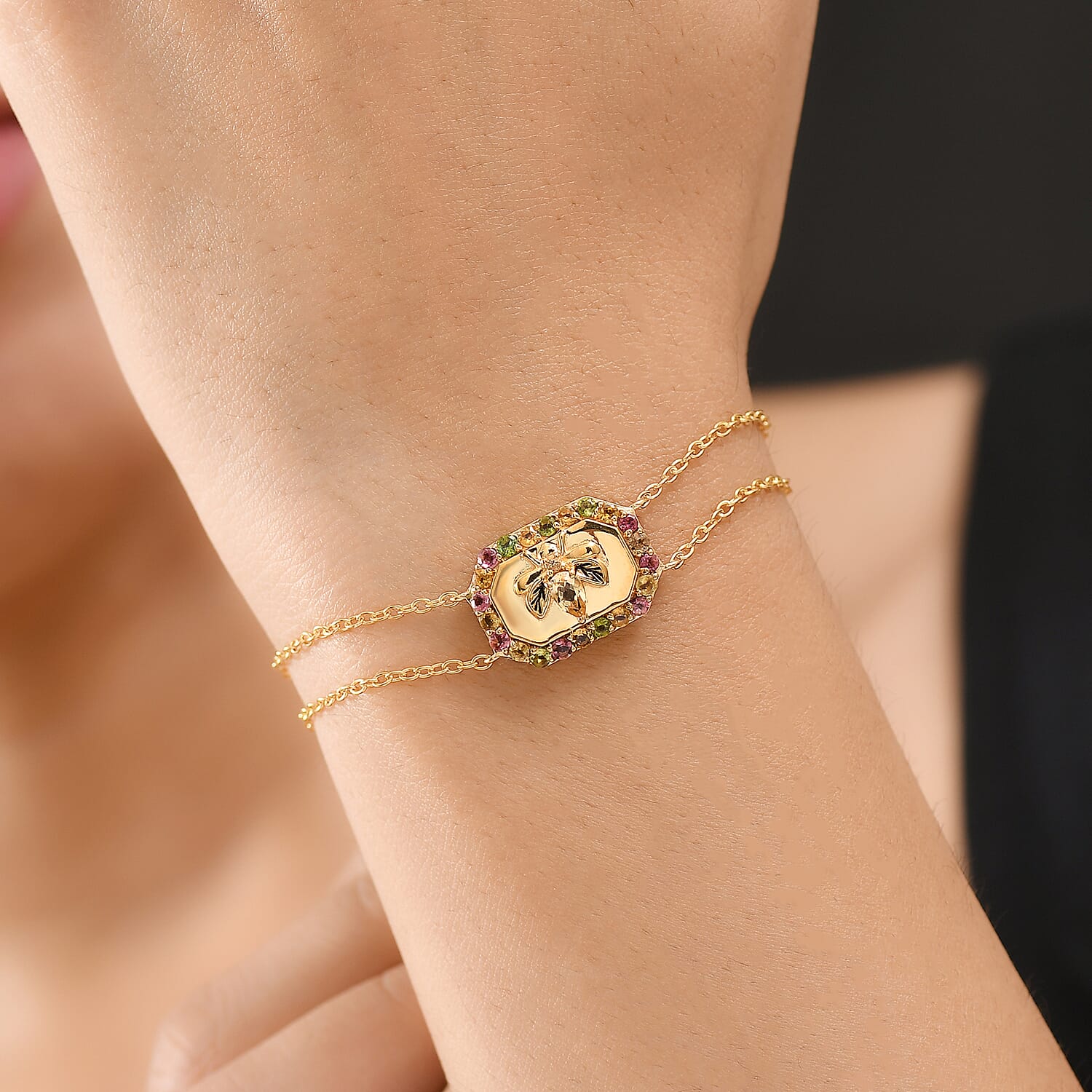GP Italian Garden Collection - Citrine, Blue Sapphire, Multi - Tourmaline Adjustable Chain Bee Motif Bracelet (Size - 8) with Lobster Clasp in 18K Vermeil Yellow Gold Plated Sterling Silver 1.07 Ct.