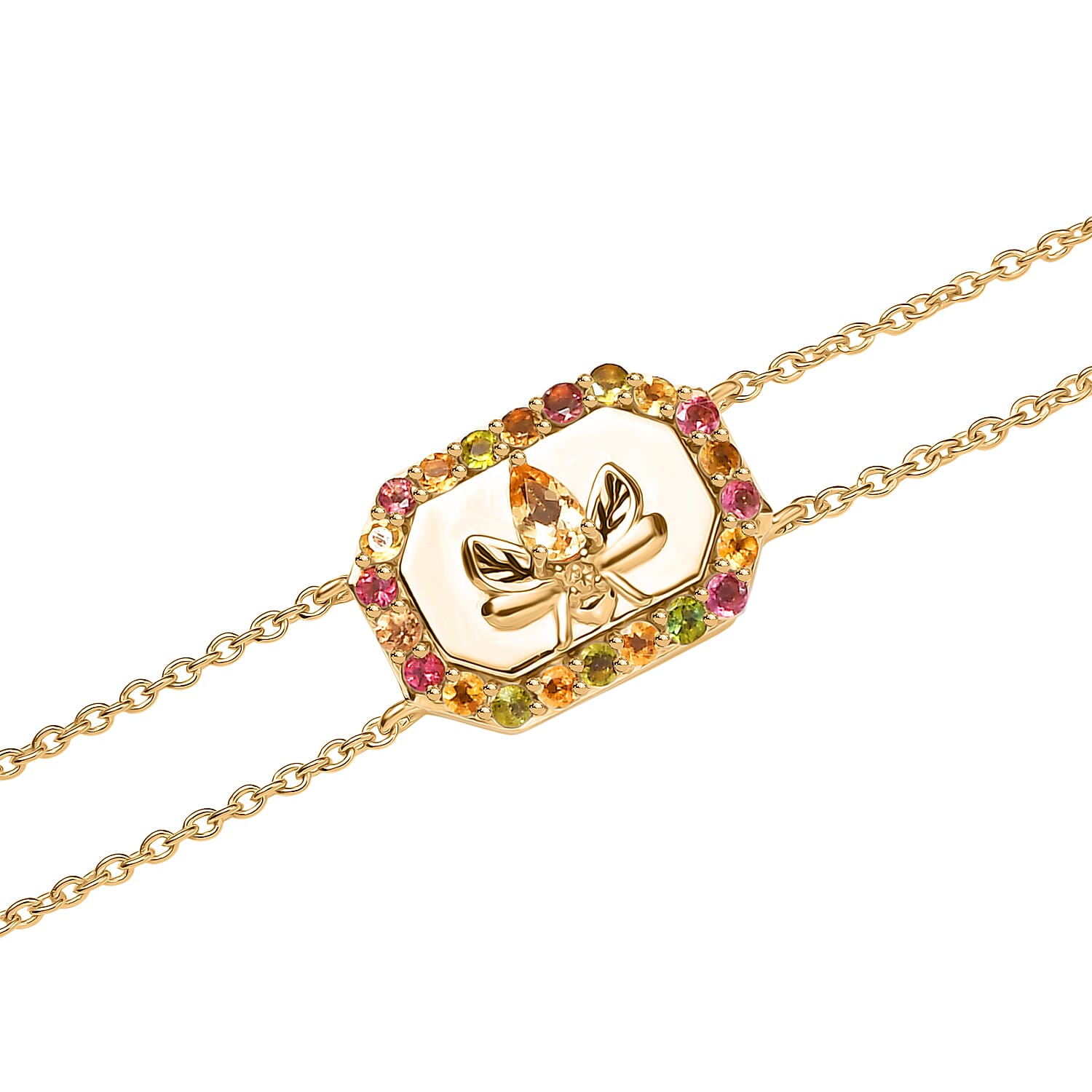 GP Italian Garden Collection - Citrine, Blue Sapphire, Multi - Tourmaline Adjustable Chain Bee Motif Bracelet (Size - 8) with Lobster Clasp in 18K Vermeil Yellow Gold Plated Sterling Silver 1.07 Ct.