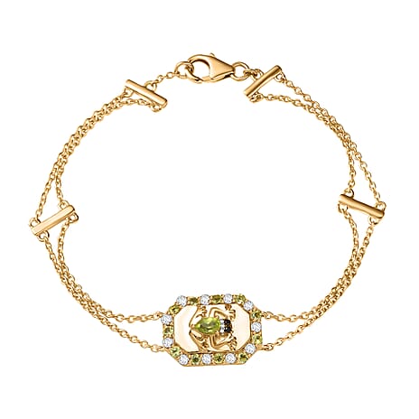 GP Italian Garden Collection - Peridot, Blue Sapphire, Black Spinel & White Zircon Adjustable Chain Frog Motif Bracelet (Size 8) with Lobster Clasp in 18K Vermeil YG Plated Sterling Silver 1.09 Ct.