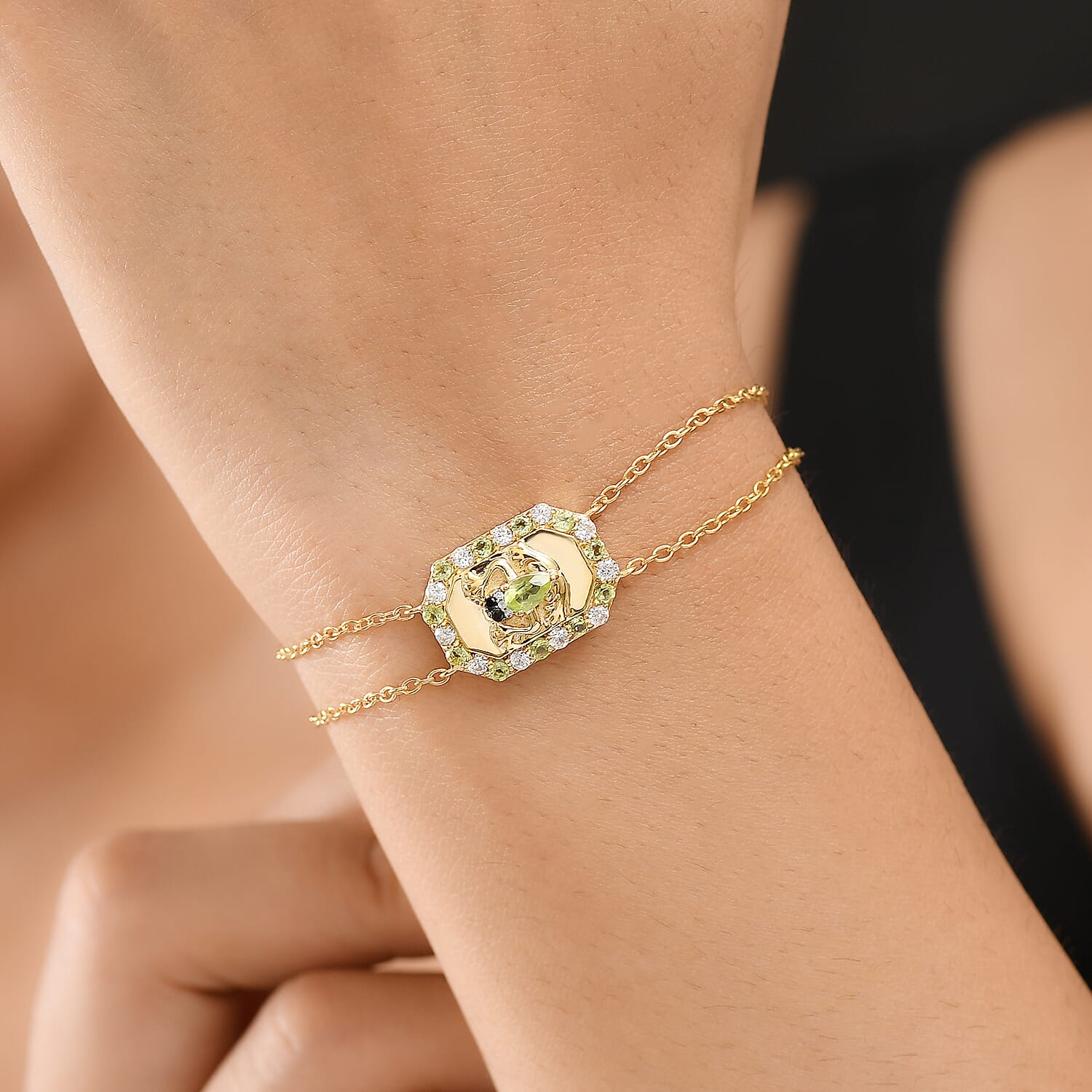 GP Italian Garden Collection - Peridot, Blue Sapphire, Black Spinel & White Zircon Adjustable Chain Frog Motif Bracelet (Size 8) with Lobster Clasp in 18K Vermeil YG Plated Sterling Silver 1.09 Ct.