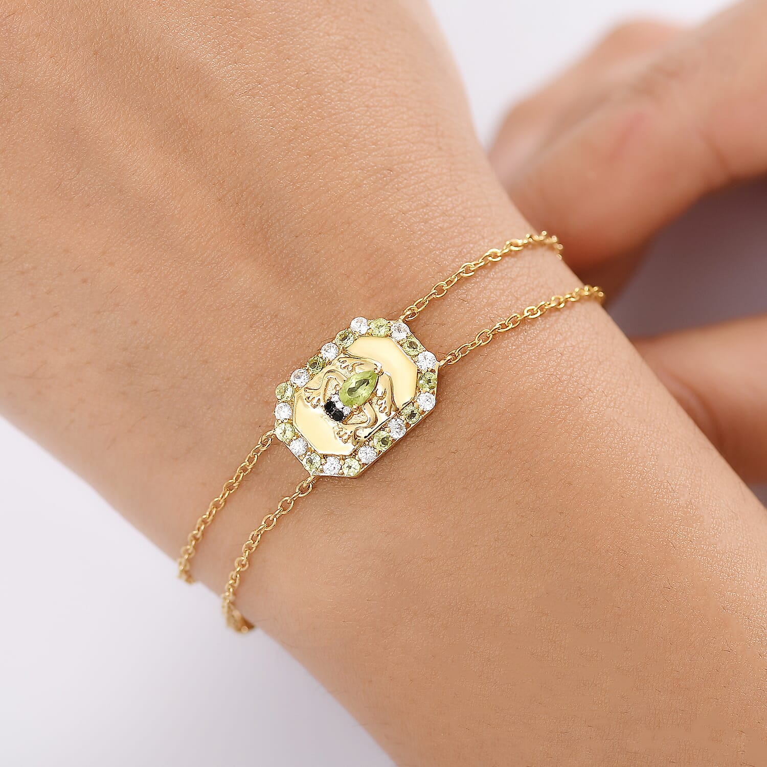 GP Italian Garden Collection - Peridot, Blue Sapphire, Black Spinel & White Zircon Adjustable Chain Frog Motif Bracelet (Size 8) with Lobster Clasp in 18K Vermeil YG Plated Sterling Silver 1.09 Ct.