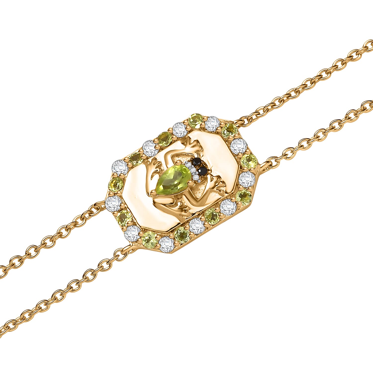 GP Italian Garden Collection - Peridot, Blue Sapphire, Black Spinel & White Zircon Adjustable Chain Frog Motif Bracelet (Size 8) with Lobster Clasp in 18K Vermeil YG Plated Sterling Silver 1.09 Ct.