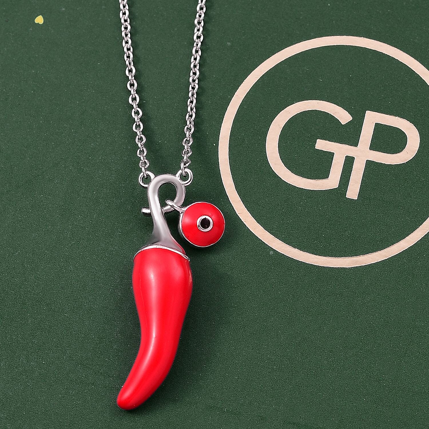 GP Chilli Pepper Collection - Blue Sapphire Enamelled Charm Necklace (Size - 20) in Rhodium Overlay Sterling Silver, Silver Wt. 7.05 Gms.