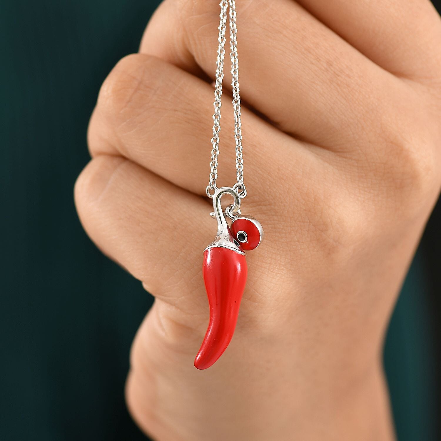 GP Chilli Pepper Collection - Blue Sapphire Enamelled Charm Necklace (Size - 20) in Rhodium Overlay Sterling Silver, Silver Wt. 7.05 Gms.