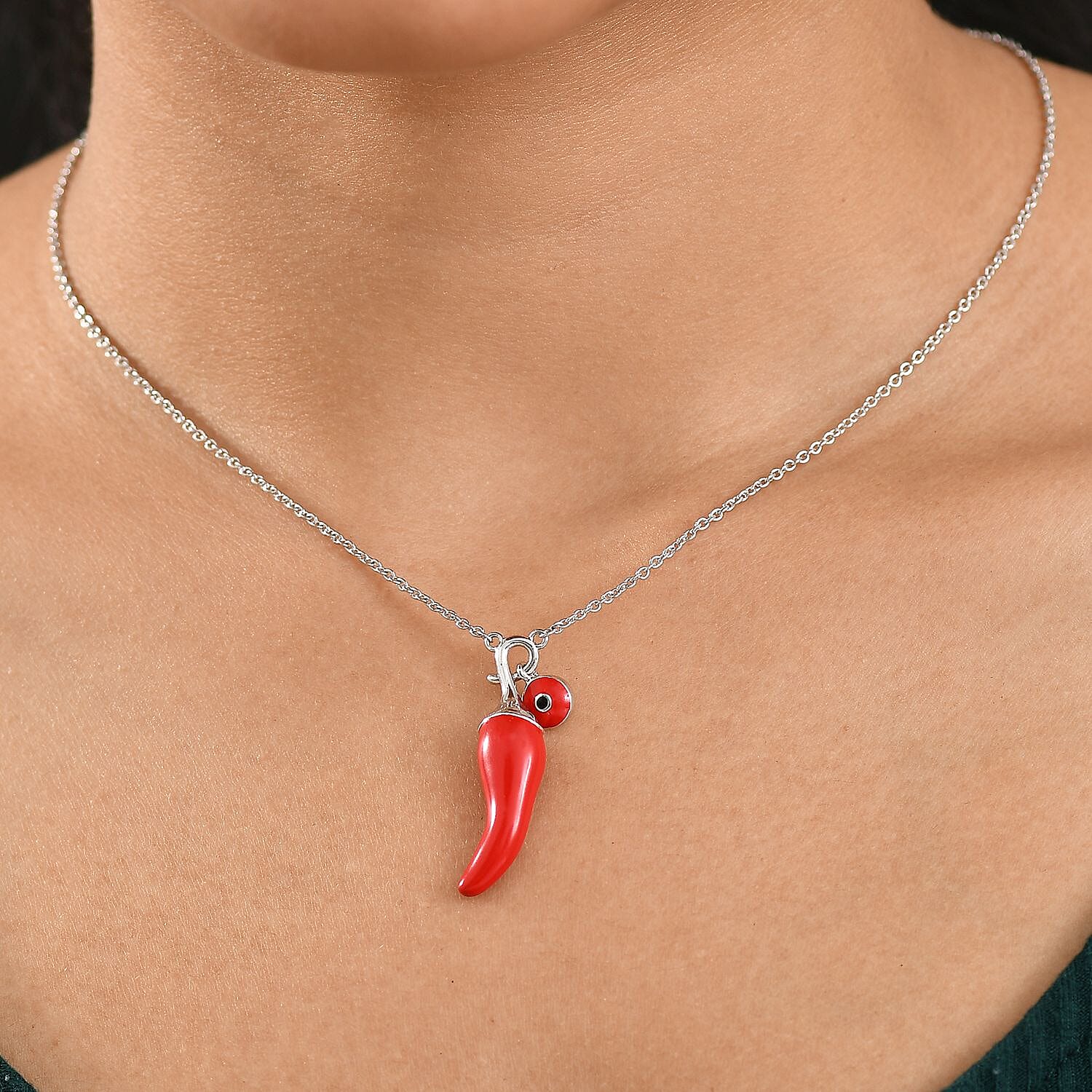 GP Chilli Pepper Collection - Blue Sapphire Enamelled Charm Necklace (Size - 20) in Rhodium Overlay Sterling Silver, Silver Wt. 7.05 Gms.